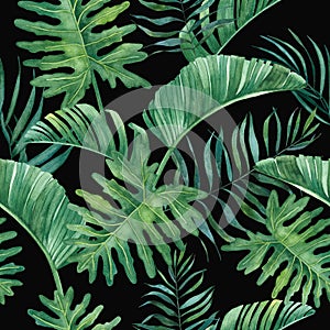 Tropical watercolor seamless pattern with leaves on black background.