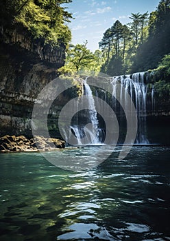 A tropical waterfall cascades with the untamed beauty of water.