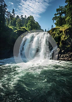 A tropical waterfall cascades with the untamed beauty of water.