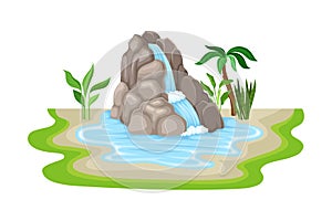 Tropical Waterfall with Cliffy Bounds and Exotic Plants Growing Around Vector Illustration