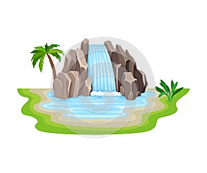 Tropical Waterfall with Cliffy Bounds and Exotic Plants Growing Around Vector Illustration