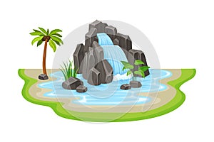 Tropical Waterfall with Cliffy Bounds and Exotic Plants Growing Around Vector Illustration photo