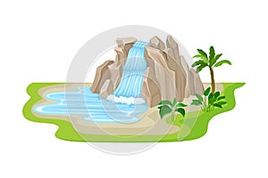 Tropical Waterfall with Cliffy Bounds and Exotic Plants Growing Around Vector Illustration photo