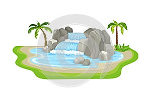 Tropical Waterfall with Cliffy Bounds and Exotic Plants Growing Around Vector Illustration photo