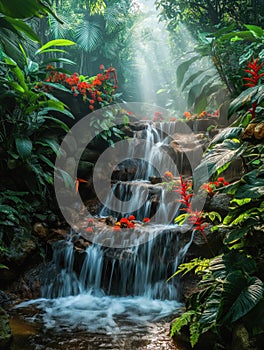 Tropical waterfall oasis with red flowers