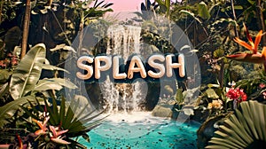 Tropical Waterfall Oasis with Splash Sign