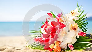 Tropical wedding bouquet on sandy serene beach backdrop