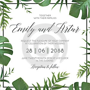 Tropical wedding floral invitation, invite card. Vector watercolor style exotic palm tree green leaves, forest greenery herbs, nat