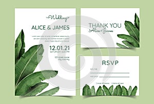 Tropical Wedding Invitation Set Template - Watercolor Banana Palm Leaves Summer Invite, RSVP & Enclosure - Printable Wedding Suite