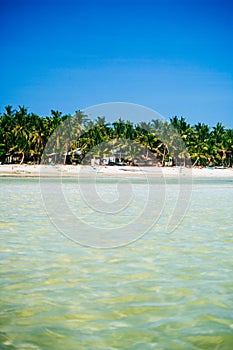 Tropical white sand beach with green palm trees and parked fishing boats in the sand. Exotic island paradise