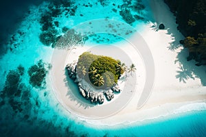 Tropical white sand on the beach and turquoise sea water. View from the top. A tropical paradisiacal backdrop