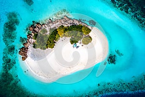 Tropical white sand on the beach and turquoise sea water. View from the top. A tropical paradisiacal backdrop. Generative AI