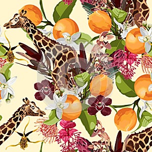 Tropical wild animals, giraffe and palm trees, orange fruits, flowers. Floral seamless pattern on beige background.