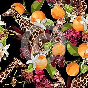 Tropical wild animals, giraffe and palm trees, orange fruits, flowers. Floral seamless pattern on black background.