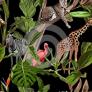 Tropical wild animals, ibis bird, zebra, giraffe, leopard jaguar Savannah cat sleeping on a tree and palm trees, banana tree.