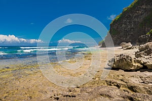 Tropical wild beach in Bali. Sandy beach and ocean
