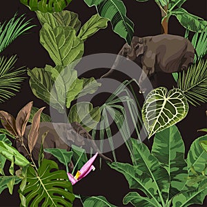 Tropical wild elephant  animal, palms, exptic plants, banana tree. Floral seamless night pattern on blak background.