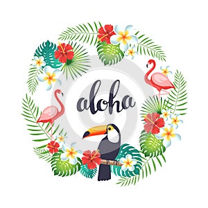 Tropical wreath with flamingo, toucans, exotic leaves and flowers.