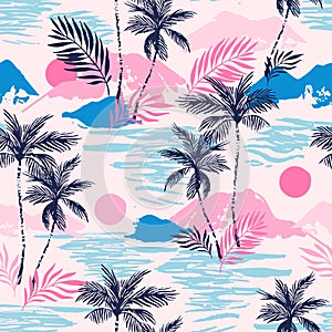 Tropics background with sunset sea, exotic islands, palm trees silhouettes, grunge brush stroke texture