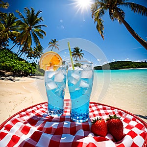 Tropics beach with fresh fruit against the backdrop of the ocean