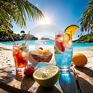 Tropics on the beach, picnic on the sand, a glass of fruit cocktail