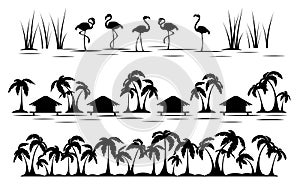Tropics. Palm tree, bungalow and flamingo