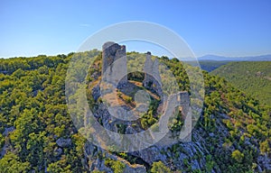 Trosenj fortress remains on the west side of mountain Promina in Croatia, aerial