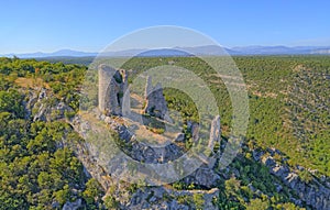 Trosenj fortress remains on the west side of mountain Promina in Croatia, aerial