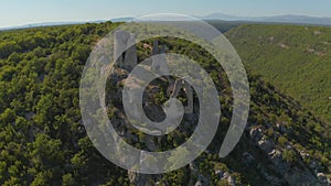 Trosenj fortress remains on the west side of mountain Promina in Croatia, aerial