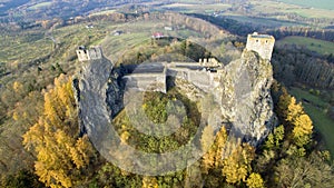 Trosky - aerial drone view of ruin of castle