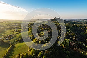 Trosky Castle in Bohemian paradise, aerial shot