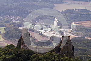 Trosky castle ruin in Bohemian Paradise on aerial photo