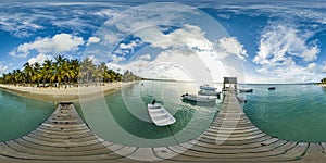 Trou Aux Biches Mauritius sunset 360 panorama on the dock with boats and without people