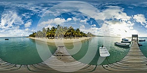 Trou Aux Biches Mauritius sunset 360 panoramas on the wooden dock with boats and calm ocean