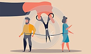 Trouble people and scissor cut conflict. Family problem man and girl for love vector illustration concept. Solution and marriage