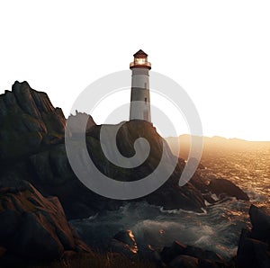 troubled sea with a lighthouse in the sunset ocean on a steep cliff. transparent PNG