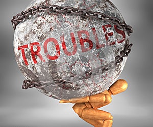 Troubles and hardship in life - pictured by word Troubles as a heavy weight on shoulders to symbolize Troubles as a burden, 3d