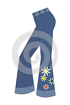 Trousers flared. 1970s fashion. Blue jeans on a white background. Vector illustration