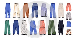 Trousers, pants, jeans, shorts and skirts set. Female fashion clothes in modern style. Different designs of bottom