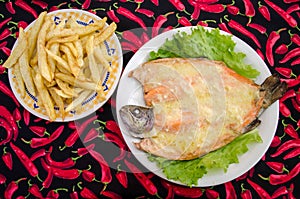 Trout with asparagus cream sauce and french fries