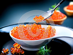 Trout caviar in spoon on a black background