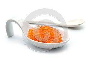 Trout eggs in a white ceramic spoon on white background