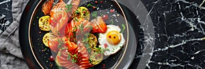Trout Fillet and Poached Egg with Warm Potatoes, Arancino and Smoked Salmon, Sliced Red Fish photo