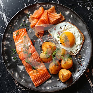 Trout Fillet and Poached Egg with Warm Potatoes, Arancino and Smoked Salmon, Sliced Red Fish photo