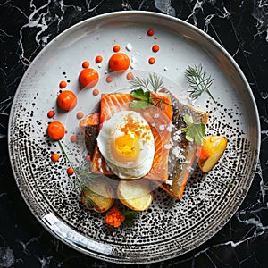 Trout Fillet and Poached Egg with Warm Potatoes, Arancino and Smoked Salmon, Sliced Red Fish photo