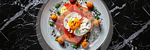 Trout Fillet and Poached Egg with Warm Potatoes, Arancino and Smoked Salmon, Sliced Red Fish photo