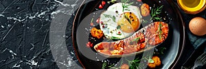 Trout Fillet and Poached Egg with Warm Potatoes, Arancino and Smoked Salmon, Sliced Red Fish photo