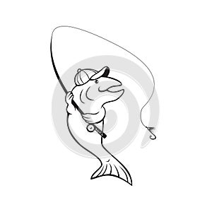 Trout Fish With Fishing Rod and Reel Cartoon Black and White
