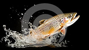 A Trout Fish jumping out in the river black background. Fishing concept. Background with selective focus.