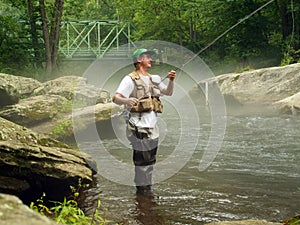 Trout Fisherman Checking his Line for Wind Knots